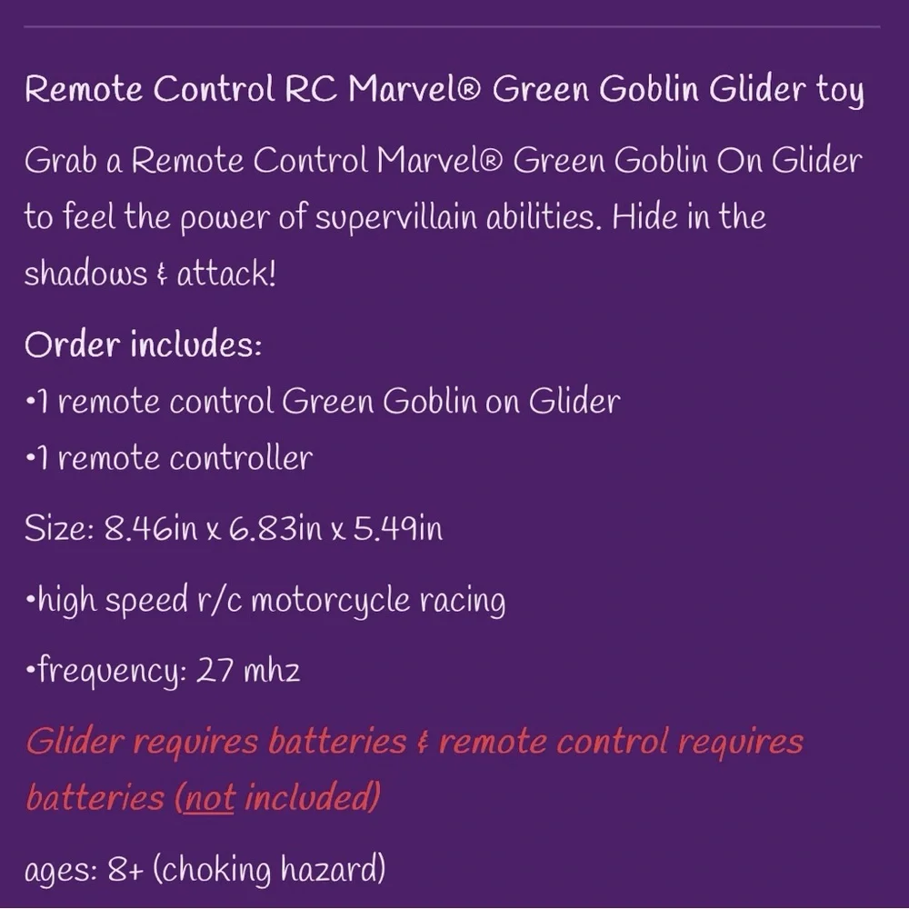 RC Marvel Green Goblin on Glider Remote Control Toy Ages 8+